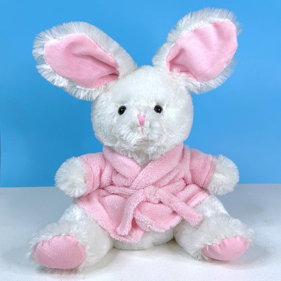 Dan Dee White Bunny Rabbit Pink Bathrobe Cuddly 14" Plush Stuffed Animal Toy - Picture 1 of 6